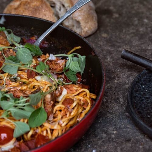 Spaghetti with mackerel and chorizo